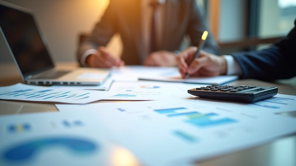 Escritorio profesional con gráficos financieros y documentos de análisis de inversiones